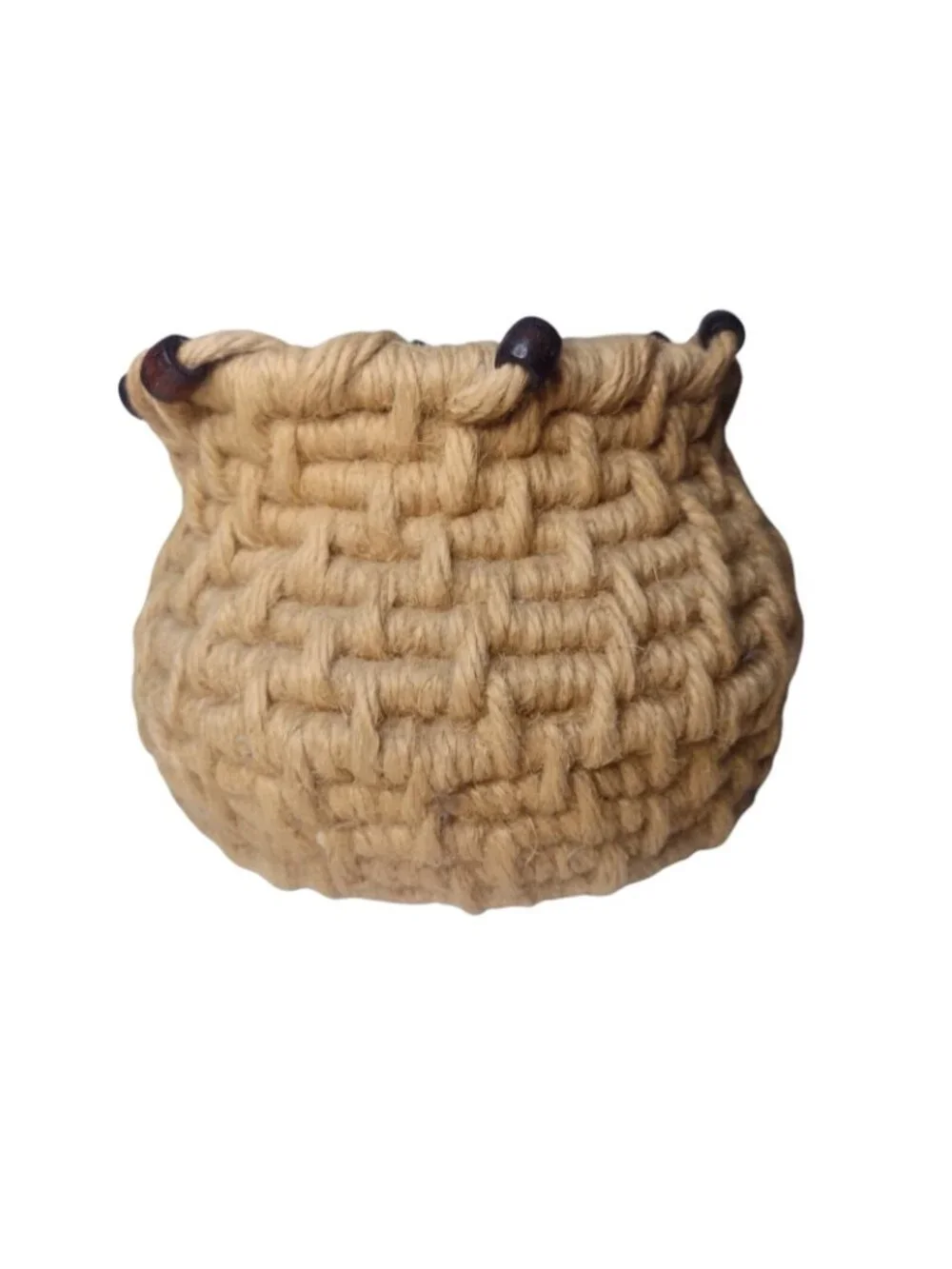 Wood Beaded Woven Jute Basket 6